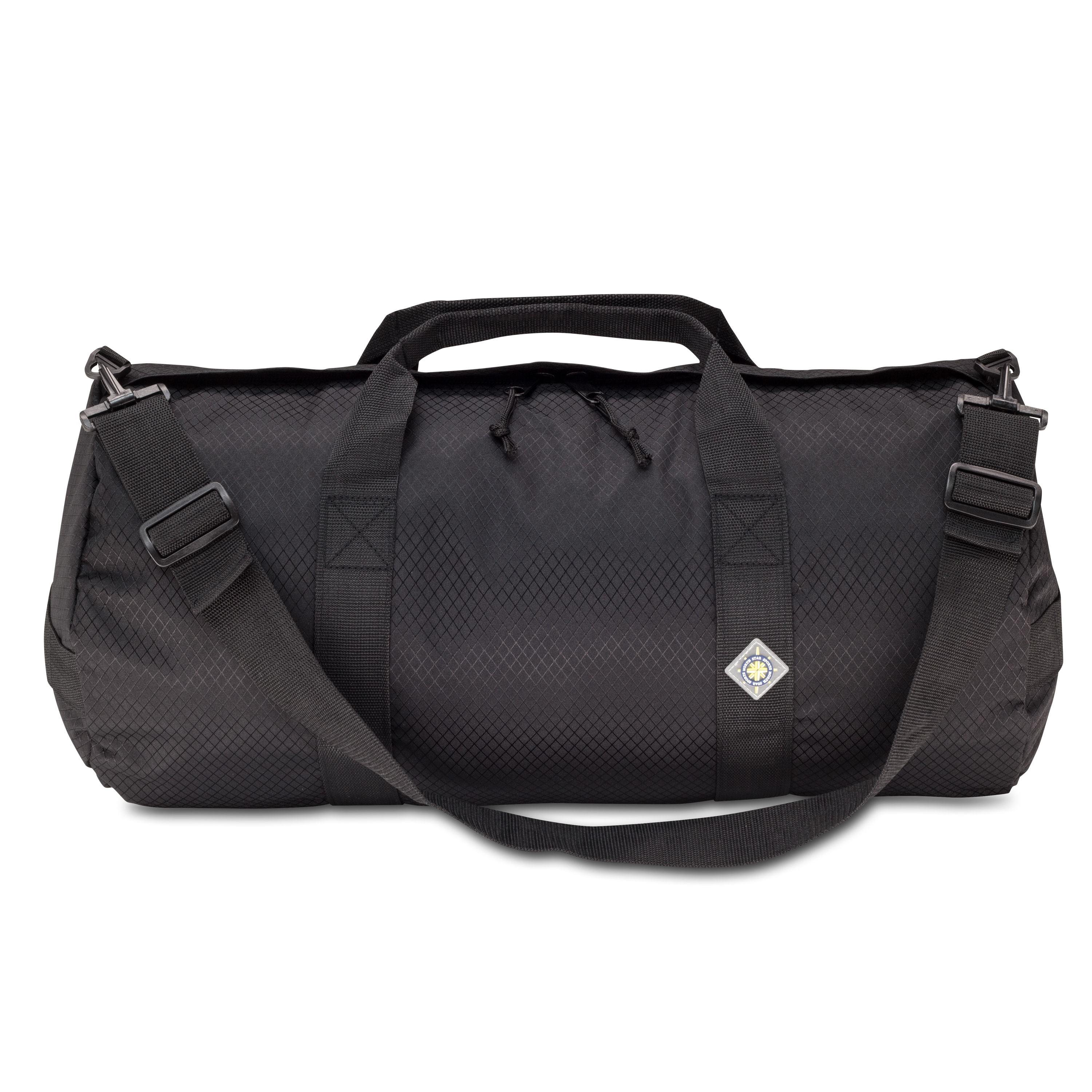 Studio photo the Midnight Black SD1224DLX Standard Duffle by Northstar Bags. 44 liter duffel with diamond ripstop fabric, thick webbing straps, and a large format metal zipper. Guaranteed for life.
