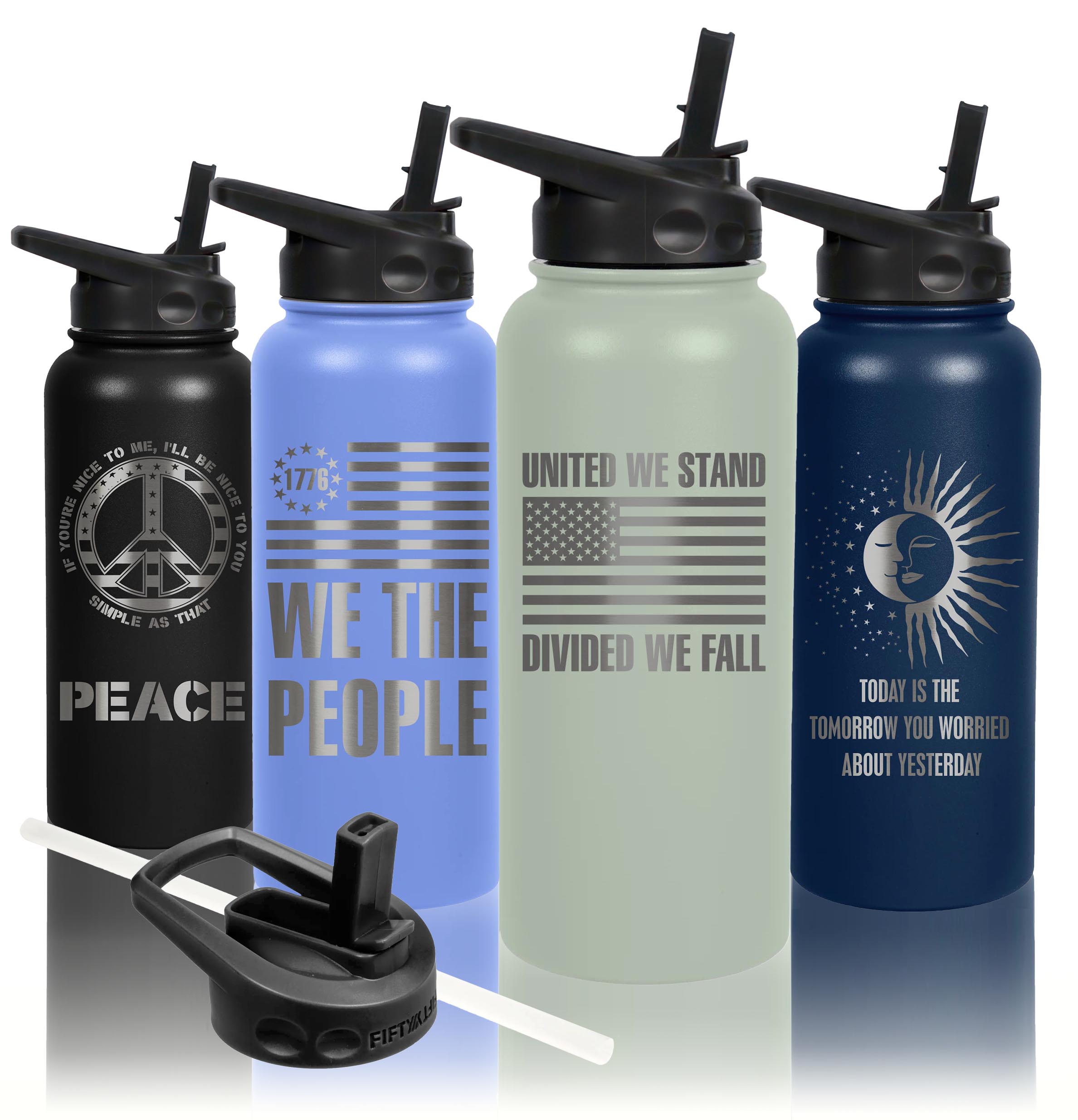 Studio photo of the vacuum insulated stainless steel bottle by North Star Sports and Fifty/Fifty