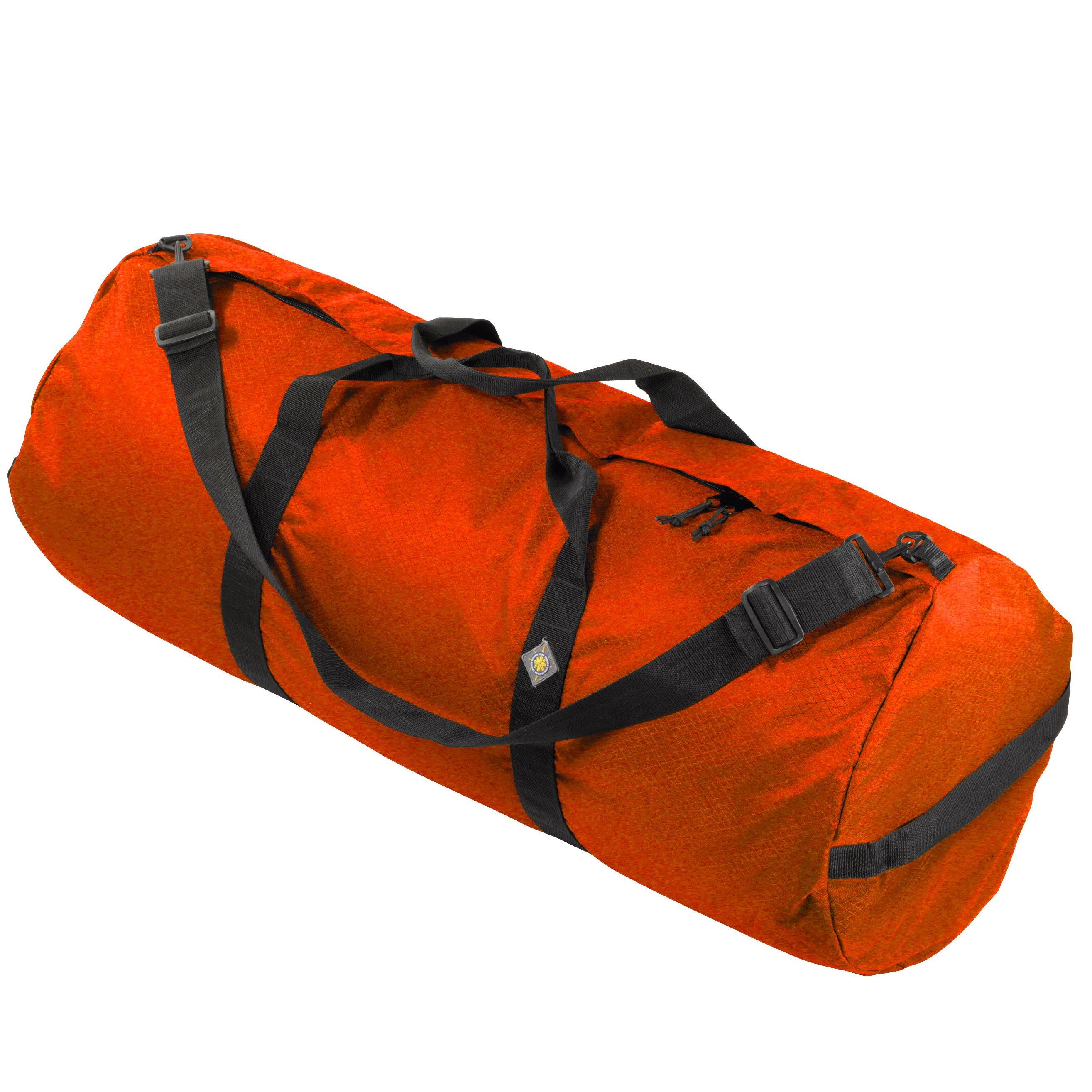 Studio photo the International Orange SD1640DLX Standard Duffle by Northstar Bags. 131 liter duffel with diamond ripstop fabric, thick webbing straps, and a large format metal zipper. Guaranteed for life.